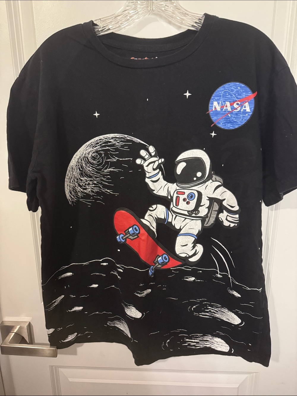 Fruit of the Loom Black Tee with Red Skateboard and Blue NASA Patch